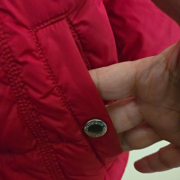 Lands' End Red Down Mock Neck Puffer Jacket Snap Pockets Full Zip Size S - Picture 3 of 5